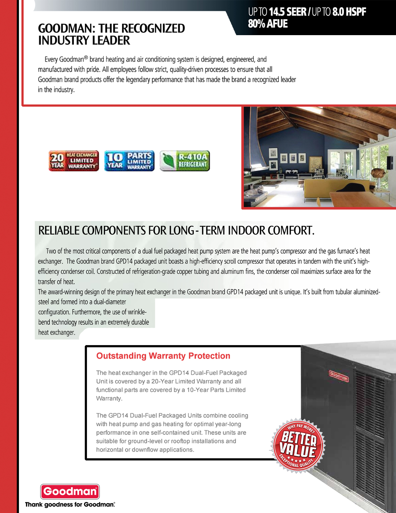 2.5 Ton Goodman 14 SEER 80K BTU Heat Pump Gas Package Unit GPD1430080M41